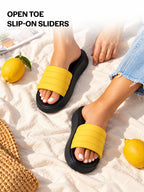 Women Yellow Soft Fabric Upper Open Toe Flatform Sliders | Lightweight Cushioned Insole Casual Slippers for All Day Long Comfort | Travel, Outdoor, Walking