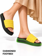 Women Yellow Soft Fabric Upper Open Toe Flatform Sliders | Lightweight Cushioned Insole Casual Slippers for All Day Long Comfort | Travel, Outdoor, Walking