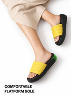 Women Yellow Soft Fabric Upper Open Toe Flatform Sliders | Lightweight Cushioned Insole Casual Slippers for All Day Long Comfort | Travel, Outdoor, Walking