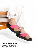 Women Multi Criss Cross Strap Open Toe Flatform Sliders | Lightweight Cushioned Insole Casual Slippers for All Day Long Comfort | Travel, Outdoor, Walking