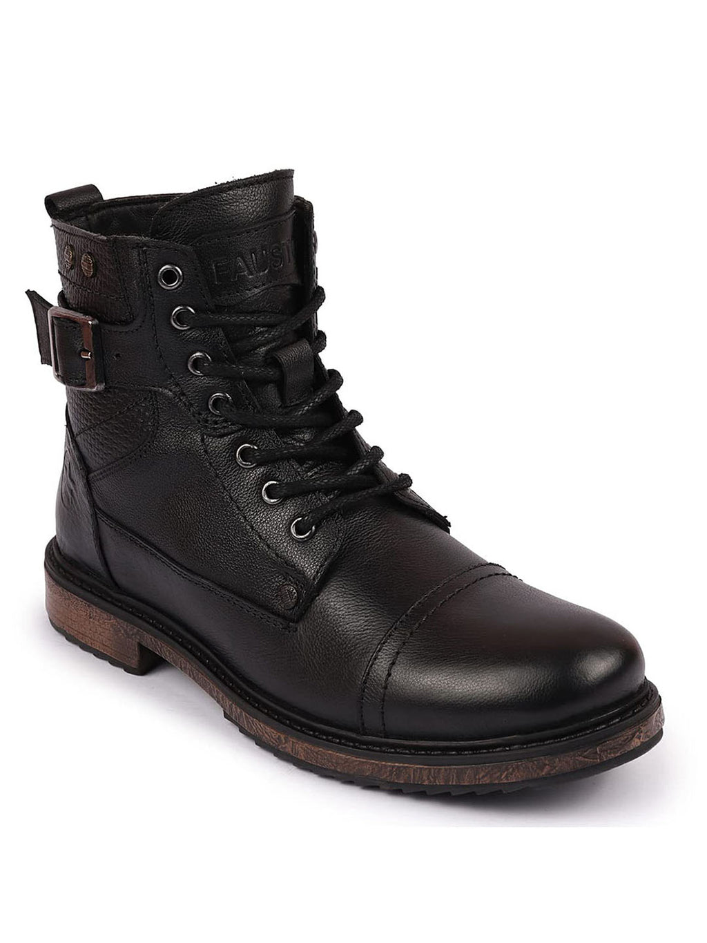 men black high top genuine leather 7-eye lace up buckle strap work cap toe winter flat boots