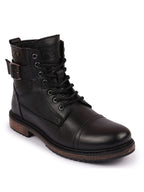 men black high top genuine leather 7-eye lace up buckle strap work cap toe winter flat boots