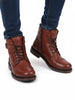 Men Tan High Top Genuine Leather 7-Eye Lace Up Buckle Strap Work Cap Toe Winter Flat Boots