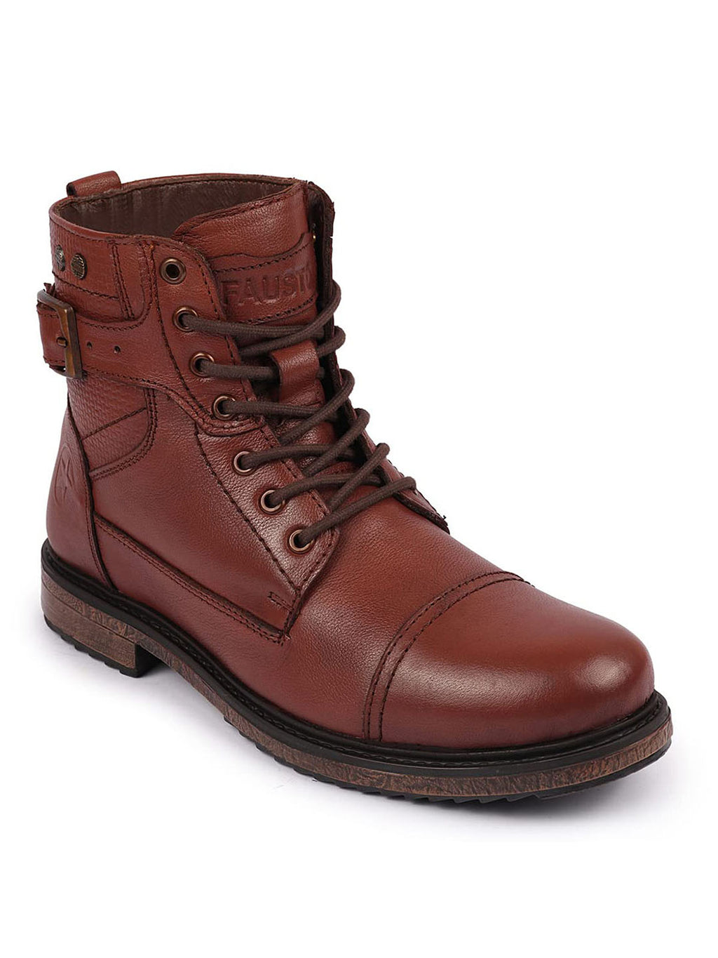 men tan high top genuine leather 7-eye lace up buckle strap work cap toe winter flat boots