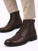 Men Brown High Top Genuine Leather Hook and 7-Eye Lace Up Side Zipper Cap Toe Classic Flat Boots