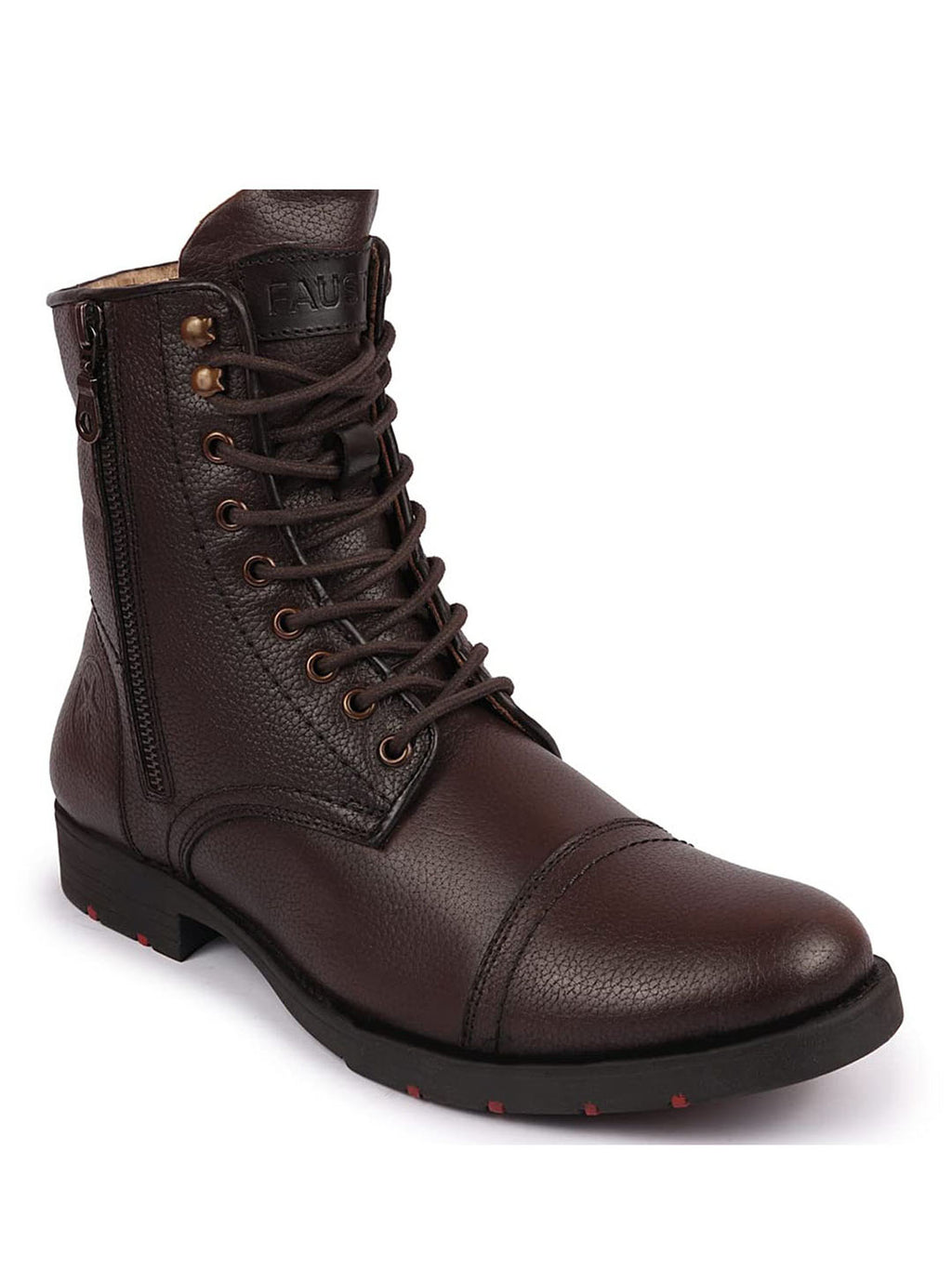 men brown high top genuine leather hook and 7-eye lace up side zipper cap toe classic flat boots