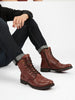 Men Tan High Top Genuine Leather Hook and 7-Eye Lace Up Side Zipper Cap Toe Classic Flat Boots
