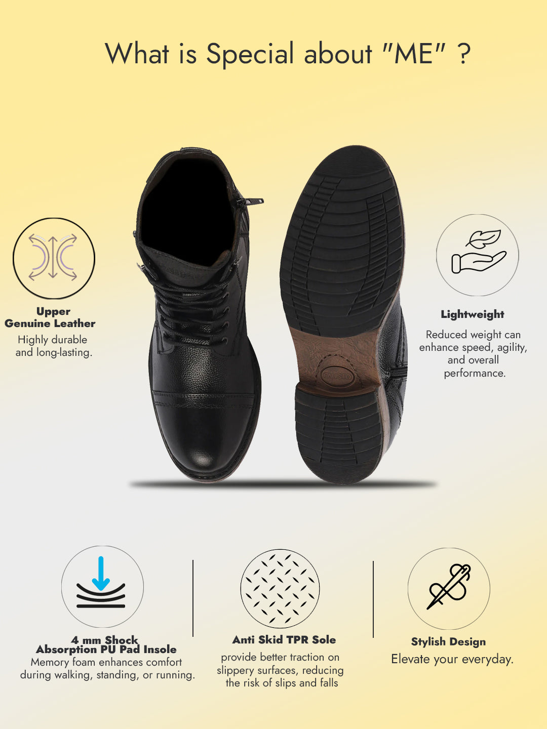 Shop Men Black High Ankle Genuine Leather Hook and 7-Eye Lace Up Side Zipper Adjustable Buckle Strap Cap Toe Anti Skid Sole Flat Boots Online.