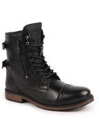 men black high ankle genuine leather hook and 7-eye lace up side zipper adjustable buckle strap cap toe anti skid sole flat boots