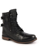 Men Black High Ankle Genuine Leather Hook and 7-Eye Lace Up Side Zipper Adjustable Buckle Strap Cap Toe Anti Skid Sole Flat Boots