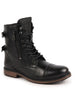 Men Black High Ankle Genuine Leather Hook and 7-Eye Lace Up Side Zipper Adjustable Buckle Strap Cap Toe Anti Skid Sole Flat Boots