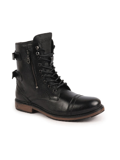 Men Black High Ankle Genuine Leather Hook and 7-Eye Lace Up Side Zipper Adjustable Buckle Strap Cap Toe Anti Skid Sole Flat Boots