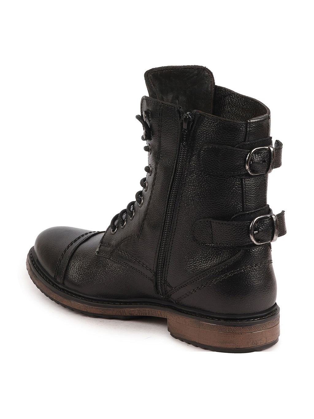 Shop Men Black High Ankle Genuine Leather Hook and 7-Eye Lace Up Side Zipper Adjustable Buckle Strap Cap Toe Anti Skid Sole Flat Boots Online.