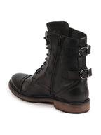 Shop Men Black High Ankle Genuine Leather Hook and 7-Eye Lace Up Side Zipper Adjustable Buckle Strap Cap Toe Anti Skid Sole Flat Boots Online.