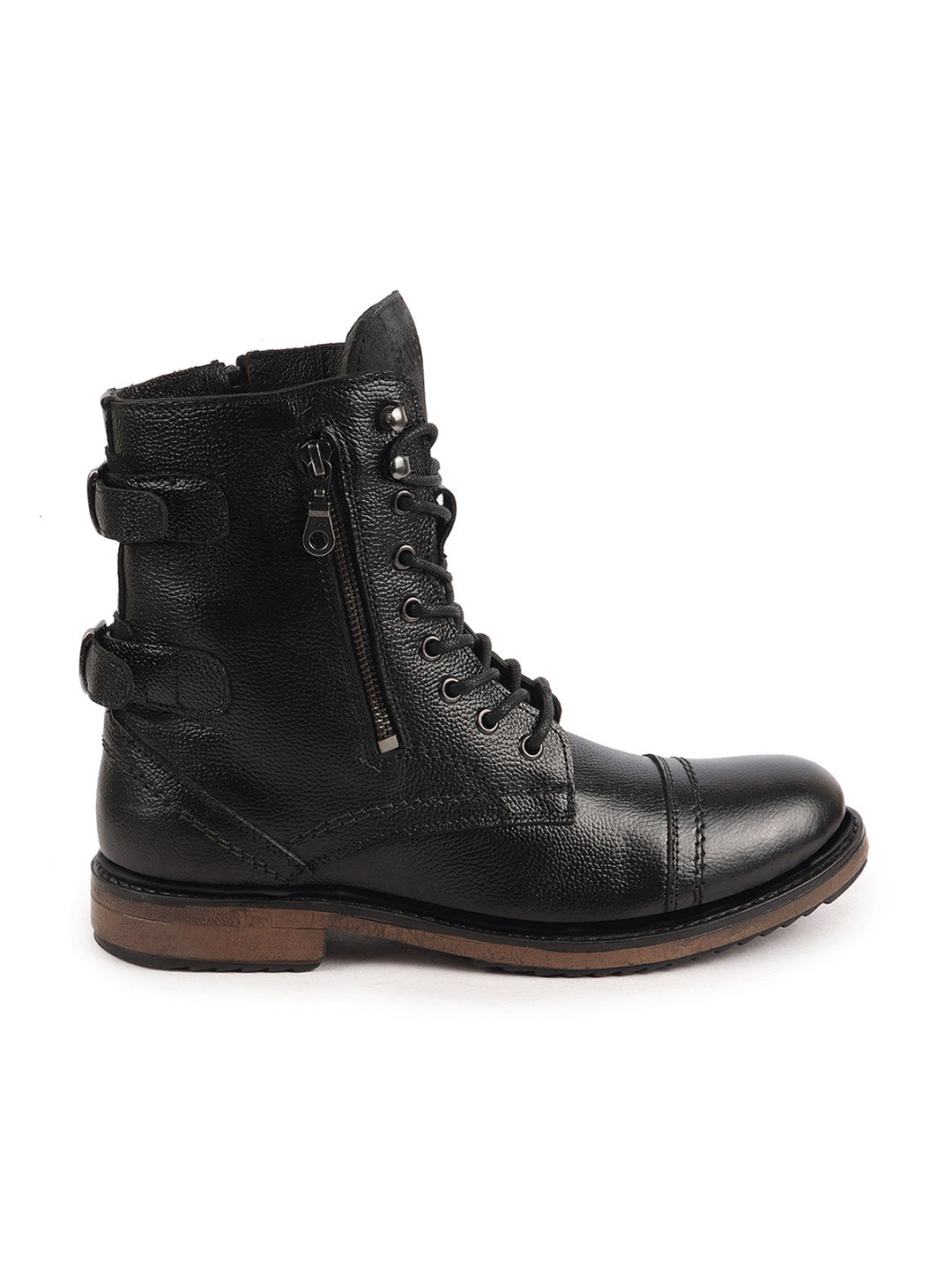 Shop Men Black High Ankle Genuine Leather Hook and 7-Eye Lace Up Side Zipper Adjustable Buckle Strap Cap Toe Anti Skid Sole Flat Boots Online.