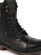 Shop Men Black High Ankle Genuine Leather Hook and 7-Eye Lace Up Side Zipper Adjustable Buckle Strap Cap Toe Anti Skid Sole Flat Boots Online.