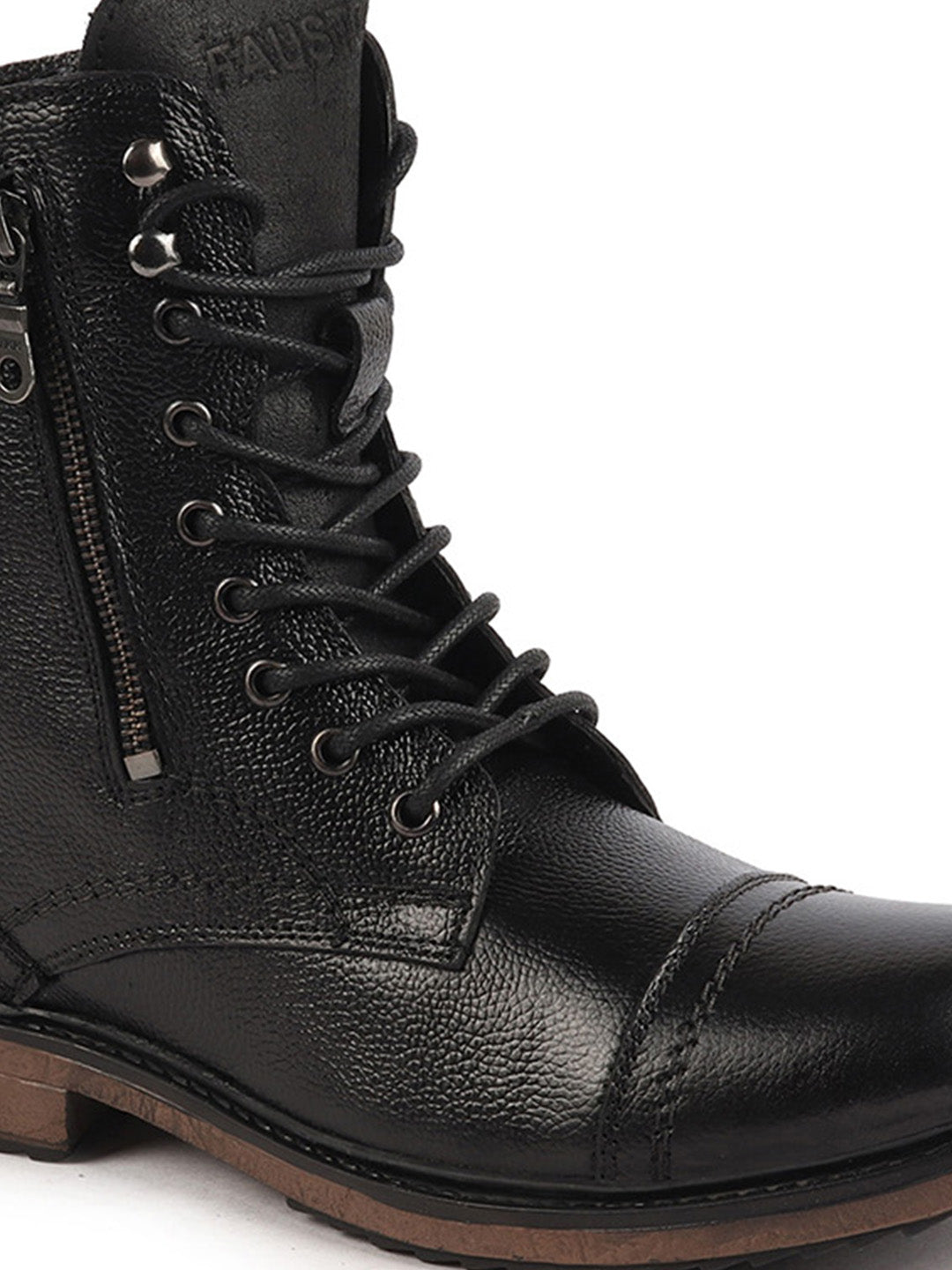 Shop Men Black High Ankle Genuine Leather Hook and 7-Eye Lace Up Side Zipper Adjustable Buckle Strap Cap Toe Anti Skid Sole Flat Boots Online.