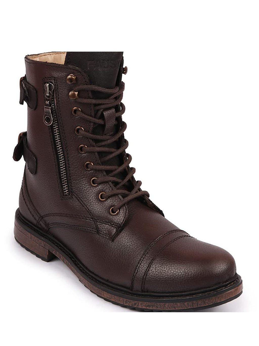 men brown high ankle genuine leather hook and 7-eye lace up side zipper adjustable buckle strap cap toe anti skid sole flat boots