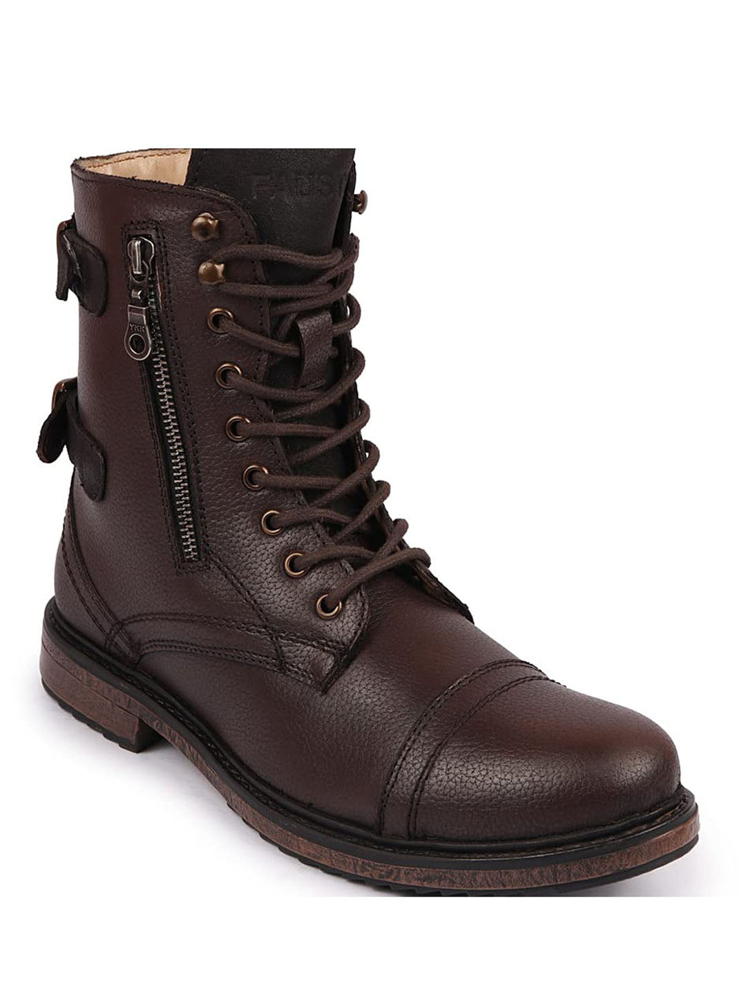 men brown high ankle genuine leather hook and 7-eye lace up side zipper adjustable buckle strap cap toe anti skid sole flat boots