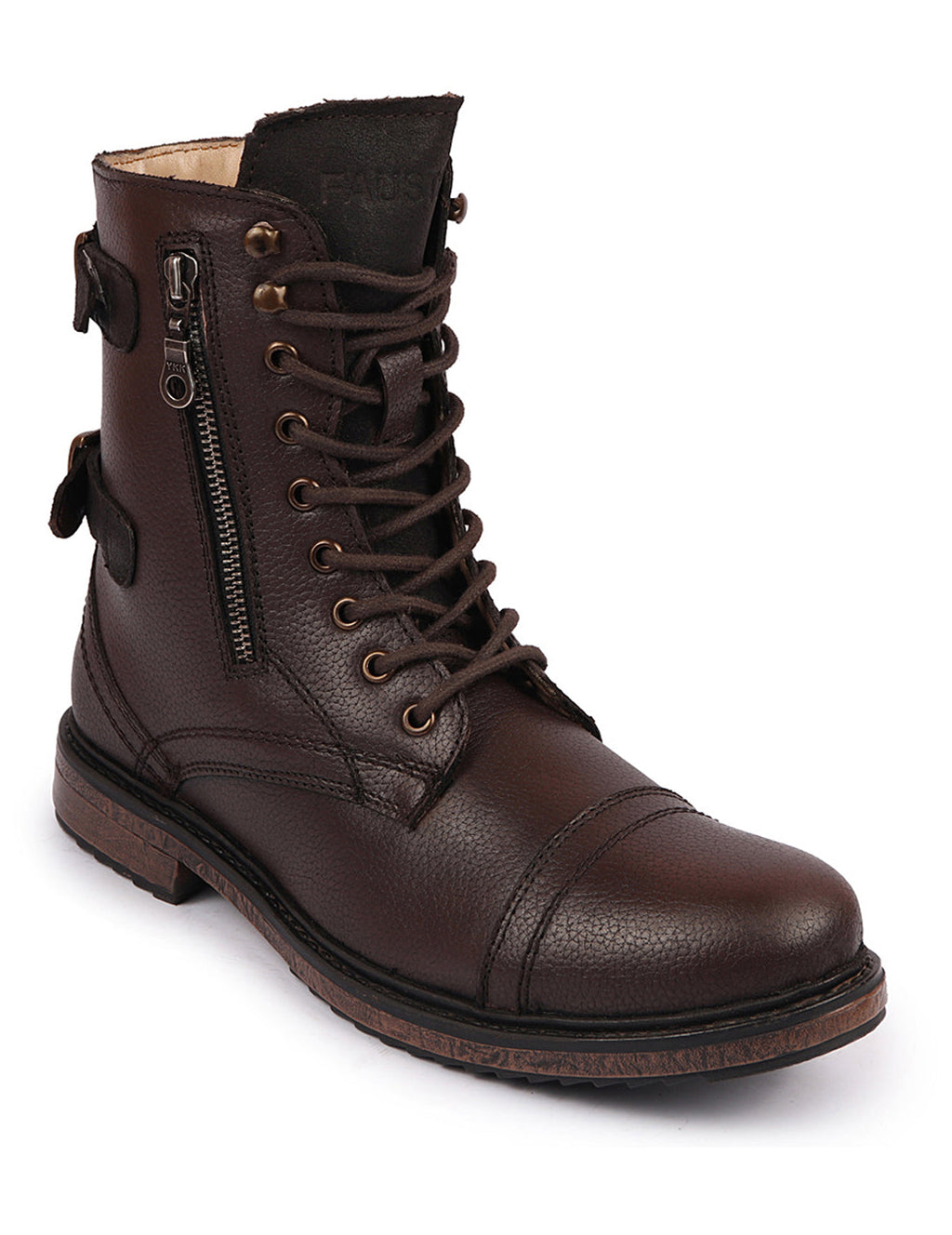 Shop Men Brown High Ankle Genuine Leather Hook and 7-Eye Lace Up Side Zipper Adjustable Buckle Strap Cap Toe Anti Skid Sole Flat Boots Online.