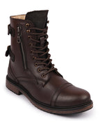 Shop Men Brown High Ankle Genuine Leather Hook and 7-Eye Lace Up Side Zipper Adjustable Buckle Strap Cap Toe Anti Skid Sole Flat Boots Online.