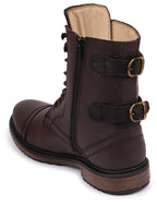 Shop Men Brown High Ankle Genuine Leather Hook and 7-Eye Lace Up Side Zipper Adjustable Buckle Strap Cap Toe Anti Skid Sole Flat Boots Online.