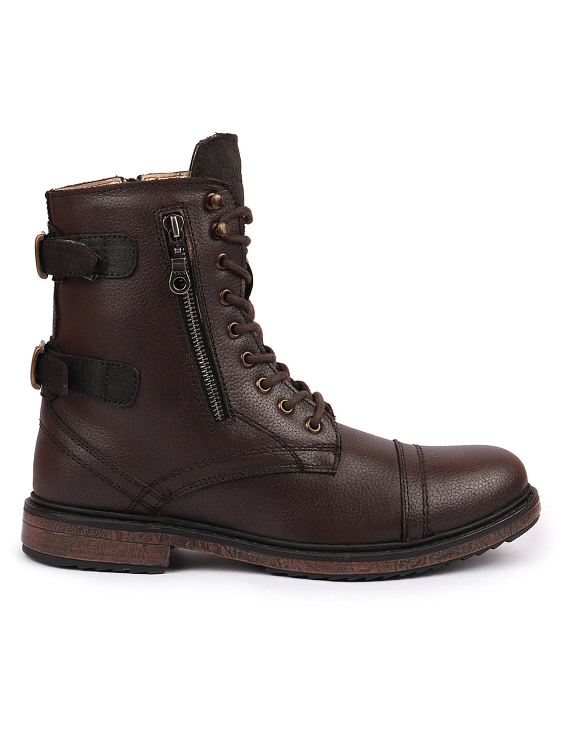 Shop Men Brown High Ankle Genuine Leather Hook and 7-Eye Lace Up Side Zipper Adjustable Buckle Strap Cap Toe Anti Skid Sole Flat Boots Online.
