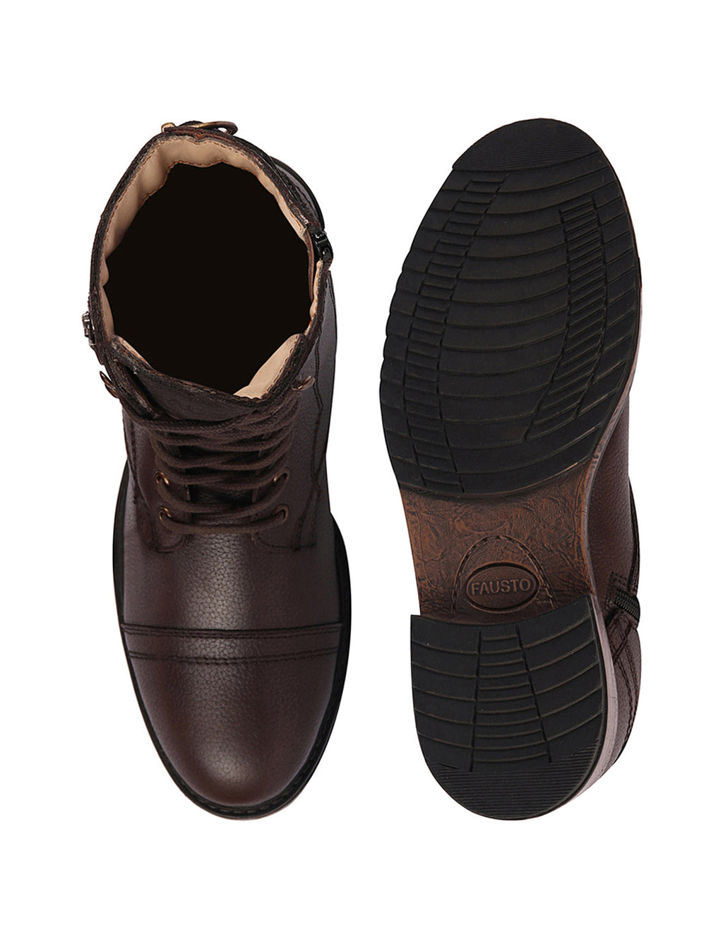Shop Men Brown High Ankle Genuine Leather Hook and 7-Eye Lace Up Side Zipper Adjustable Buckle Strap Cap Toe Anti Skid Sole Flat Boots Online.