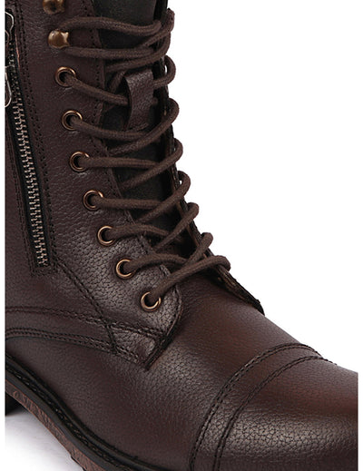 Men Brown High Ankle Genuine Leather Hook and 7-Eye Lace Up Side Zipper Adjustable Buckle Strap Cap Toe Anti Skid Sole Flat Boots