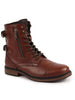 Men Tan High Ankle Genuine Leather Hook and 7-Eye Lace Up Side Zipper Adjustable Buckle Strap Cap Toe Anti Skid Sole Flat Boots