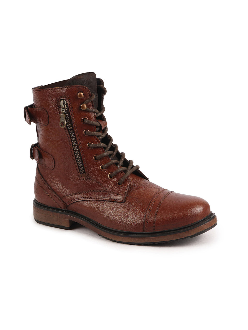 Shop Men Tan High Ankle Genuine Leather Hook and 7-Eye Lace Up Side Zipper Adjustable Buckle Strap Cap Toe Anti Skid Sole Flat Boots Online.
