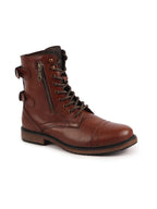 Shop Men Tan High Ankle Genuine Leather Hook and 7-Eye Lace Up Side Zipper Adjustable Buckle Strap Cap Toe Anti Skid Sole Flat Boots Online.