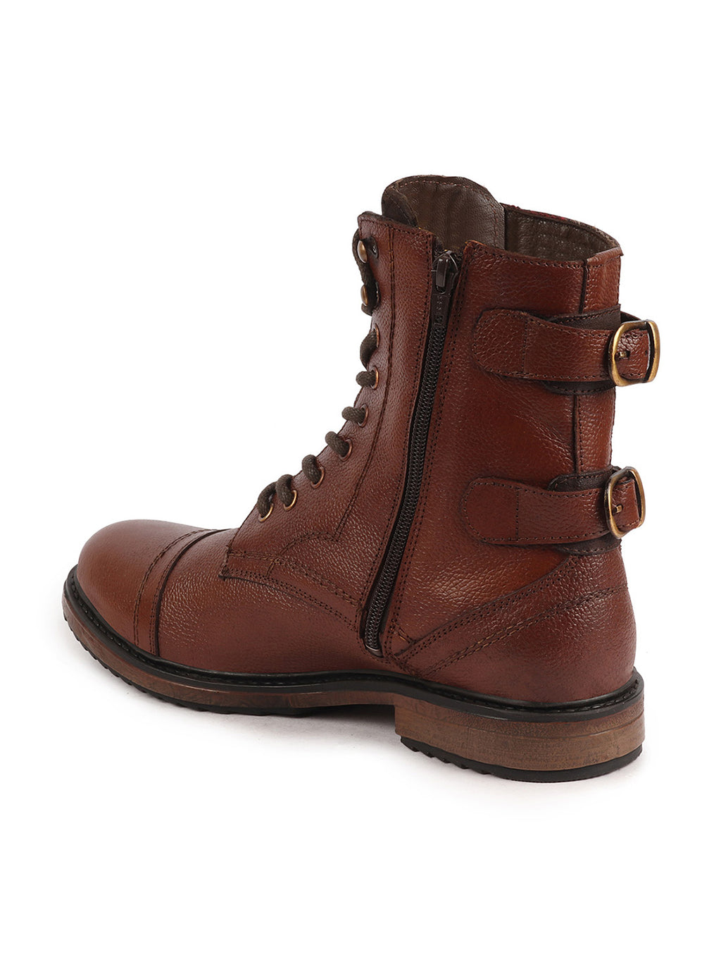 Shop Men Tan High Ankle Genuine Leather Hook and 7-Eye Lace Up Side Zipper Adjustable Buckle Strap Cap Toe Anti Skid Sole Flat Boots Online.