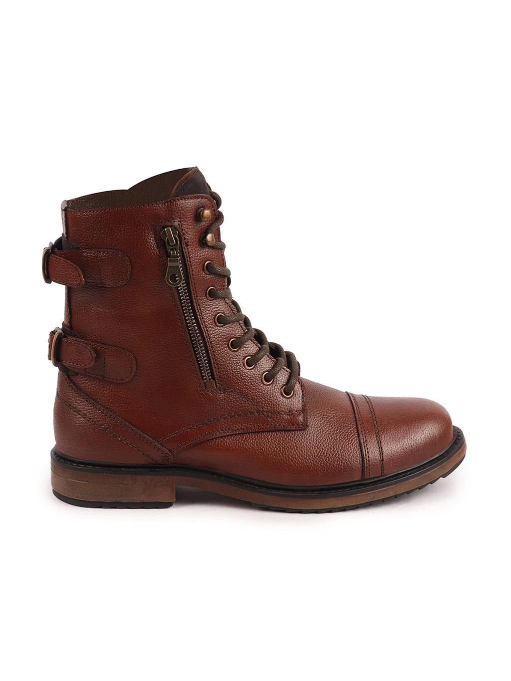 Shop Men Tan High Ankle Genuine Leather Hook and 7-Eye Lace Up Side Zipper Adjustable Buckle Strap Cap Toe Anti Skid Sole Flat Boots Online.