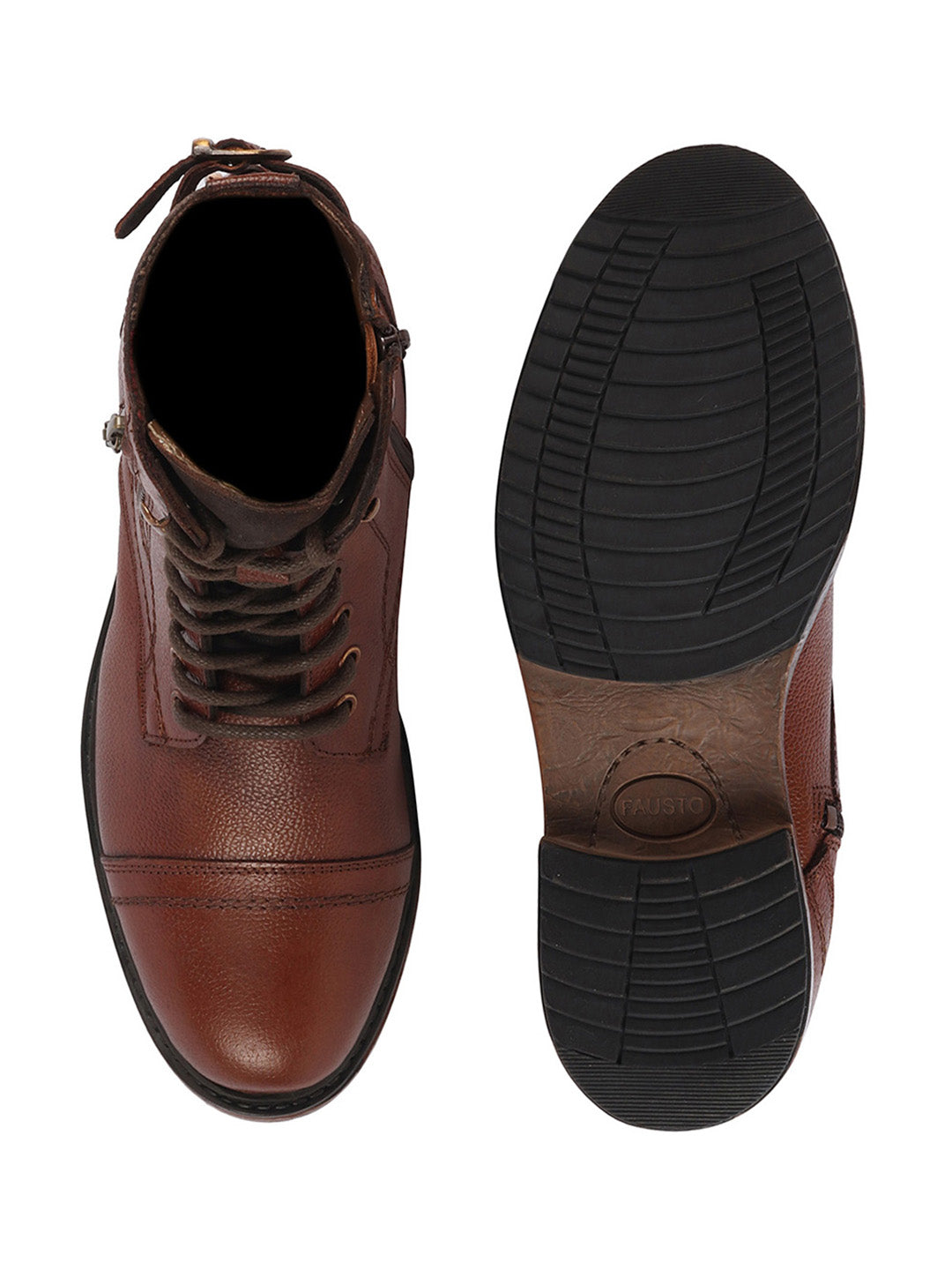Shop Men Tan High Ankle Genuine Leather Hook and 7-Eye Lace Up Side Zipper Adjustable Buckle Strap Cap Toe Anti Skid Sole Flat Boots Online.