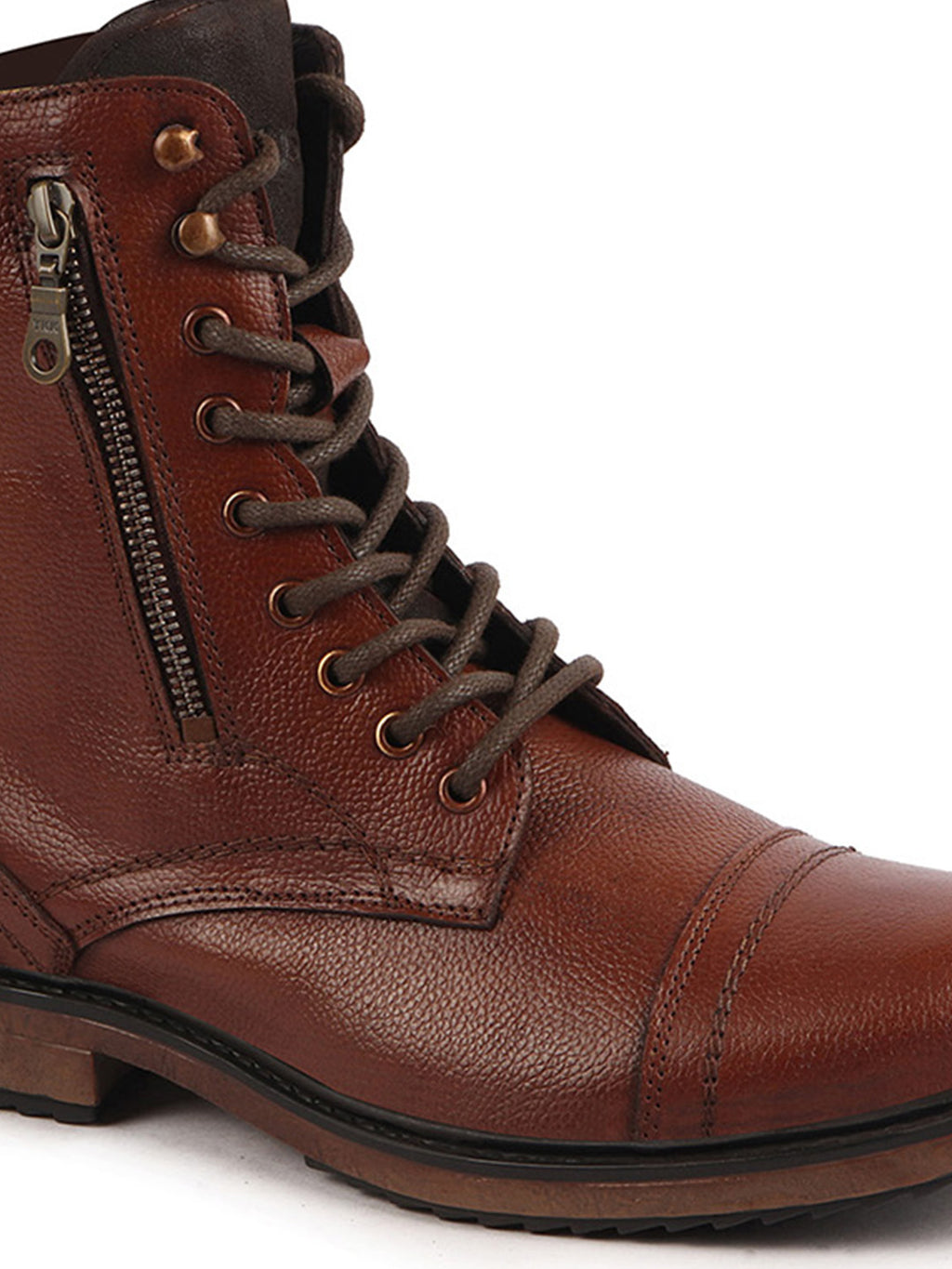 Shop Men Tan High Ankle Genuine Leather Hook and 7-Eye Lace Up Side Zipper Adjustable Buckle Strap Cap Toe Anti Skid Sole Flat Boots Online.
