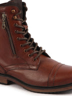 Shop Men Tan High Ankle Genuine Leather Hook and 7-Eye Lace Up Side Zipper Adjustable Buckle Strap Cap Toe Anti Skid Sole Flat Boots Online.