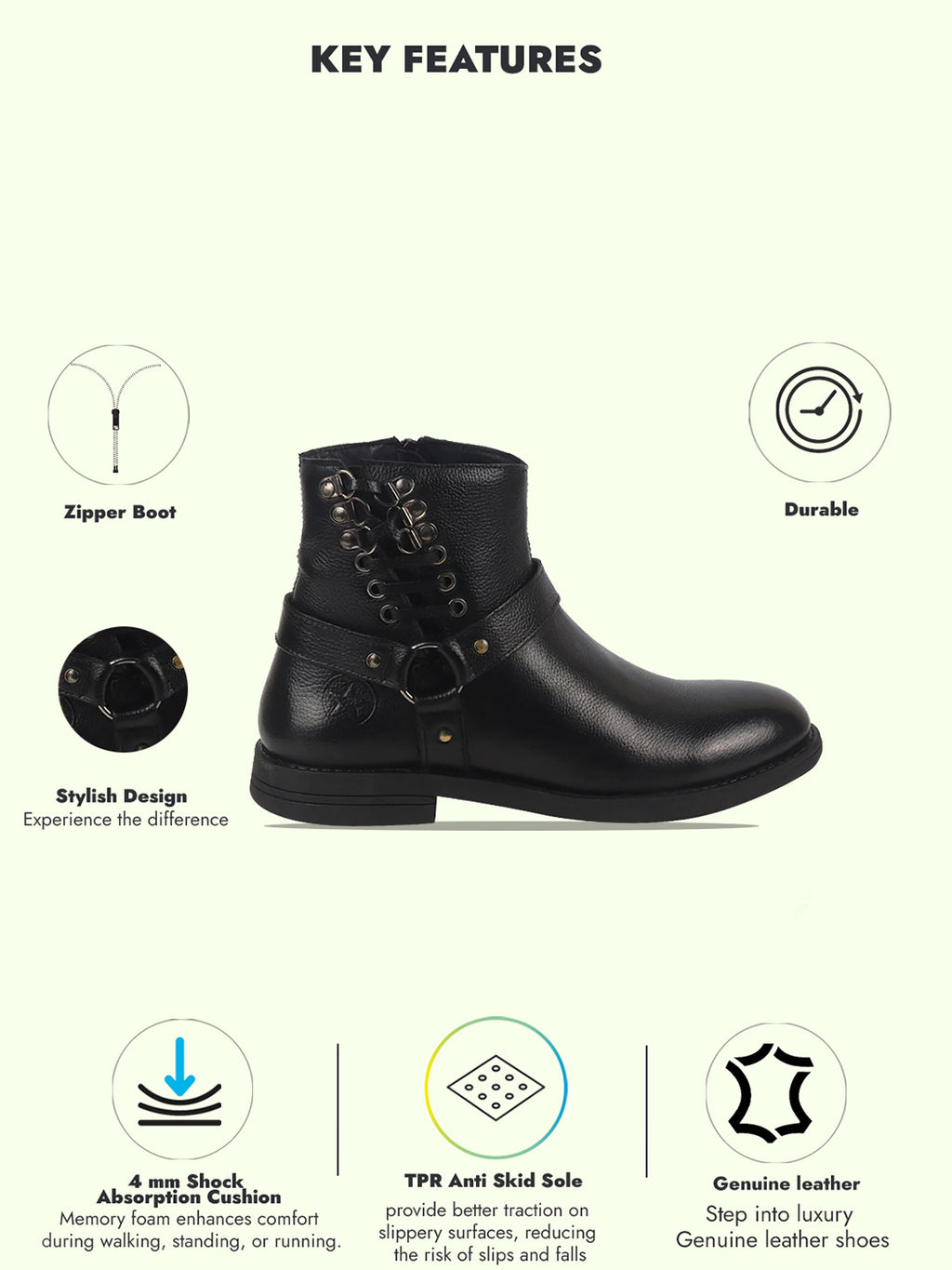 men black high ankle genuine leather 3-eye side lace strap chelsea boots