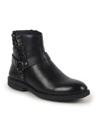 Men Black High Ankle Genuine Leather 3-Eye Side Lace Strap Chelsea Boots