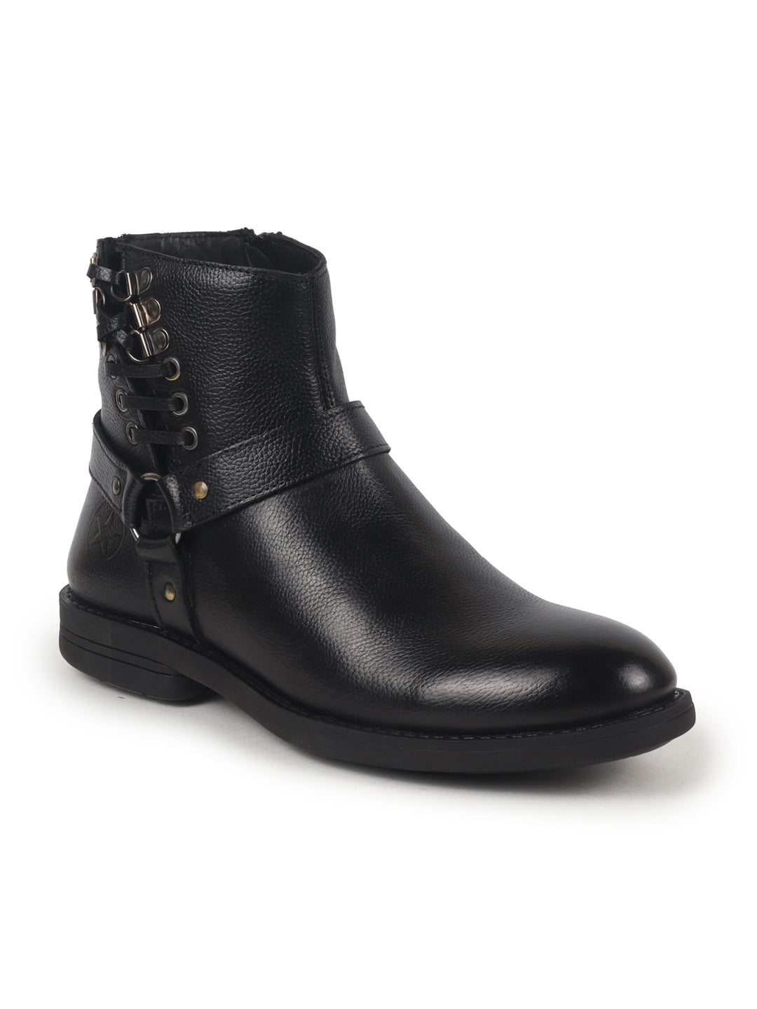 Men Black High Ankle Genuine Leather 3-Eye Side Lace Strap Chelsea Boots