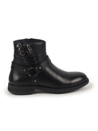 Men Black High Ankle Genuine Leather 3-Eye Side Lace Strap Chelsea Boots