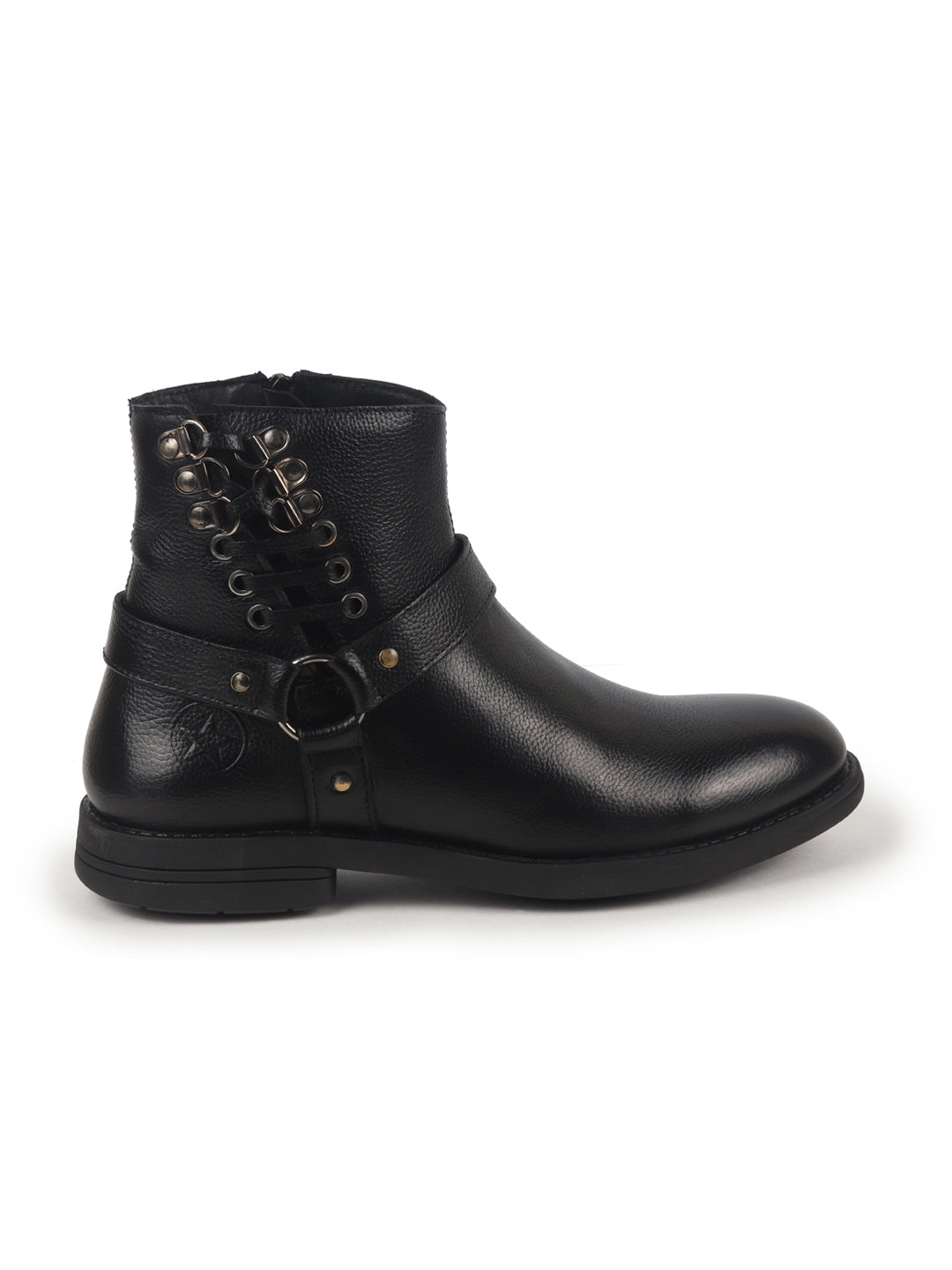 Men Black High Ankle Genuine Leather 3-Eye Side Lace Strap Chelsea Boots