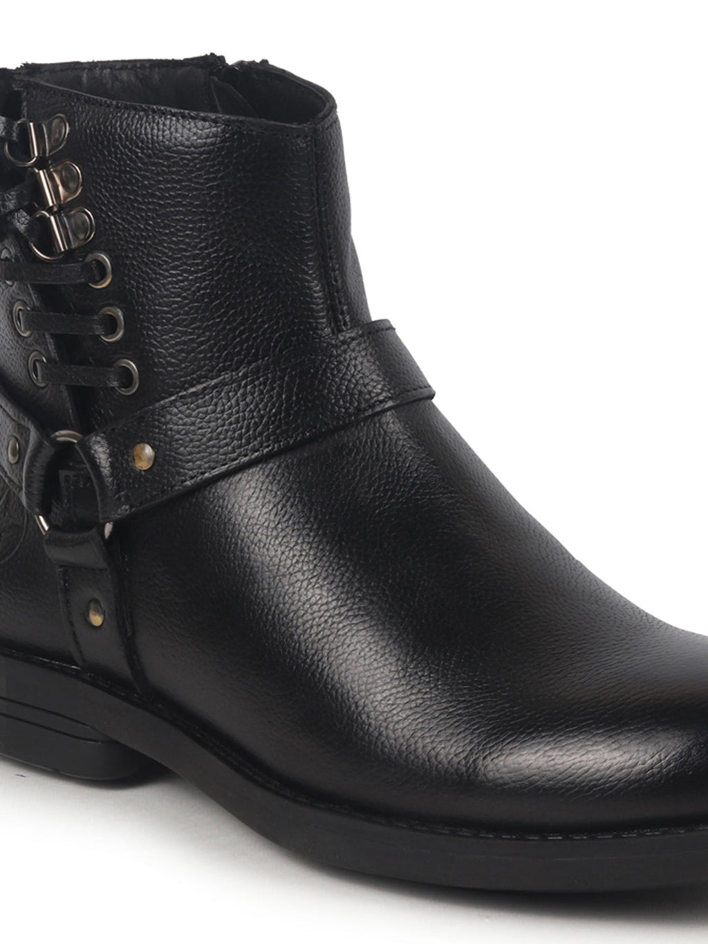 Men Black High Ankle Genuine Leather 3-Eye Side Lace Strap Chelsea Boots