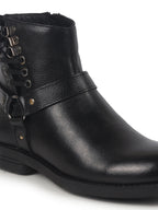 Men Black High Ankle Genuine Leather 3-Eye Side Lace Strap Chelsea Boots