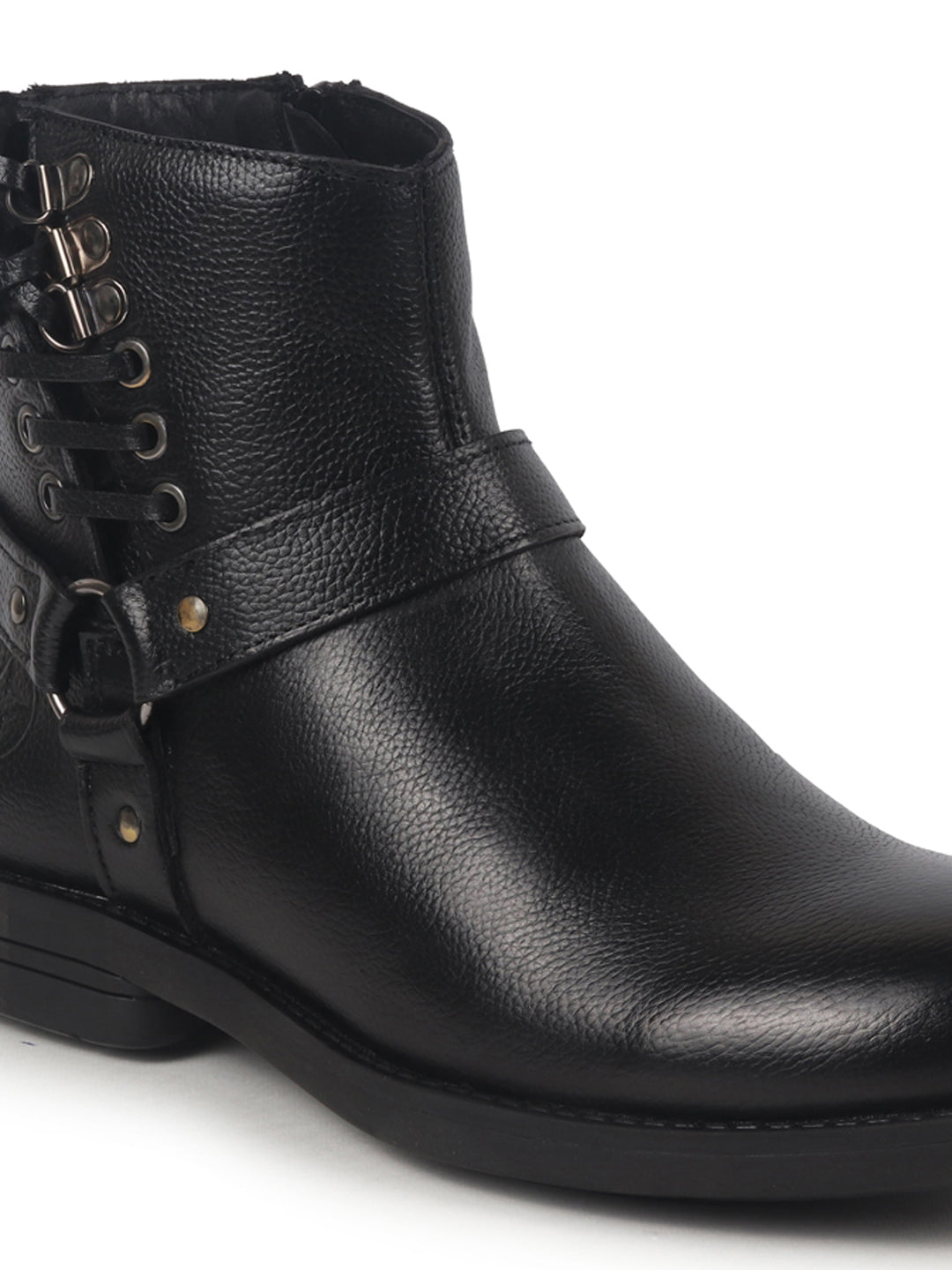 Men Black High Ankle Genuine Leather 3-Eye Side Lace Strap Chelsea Boots
