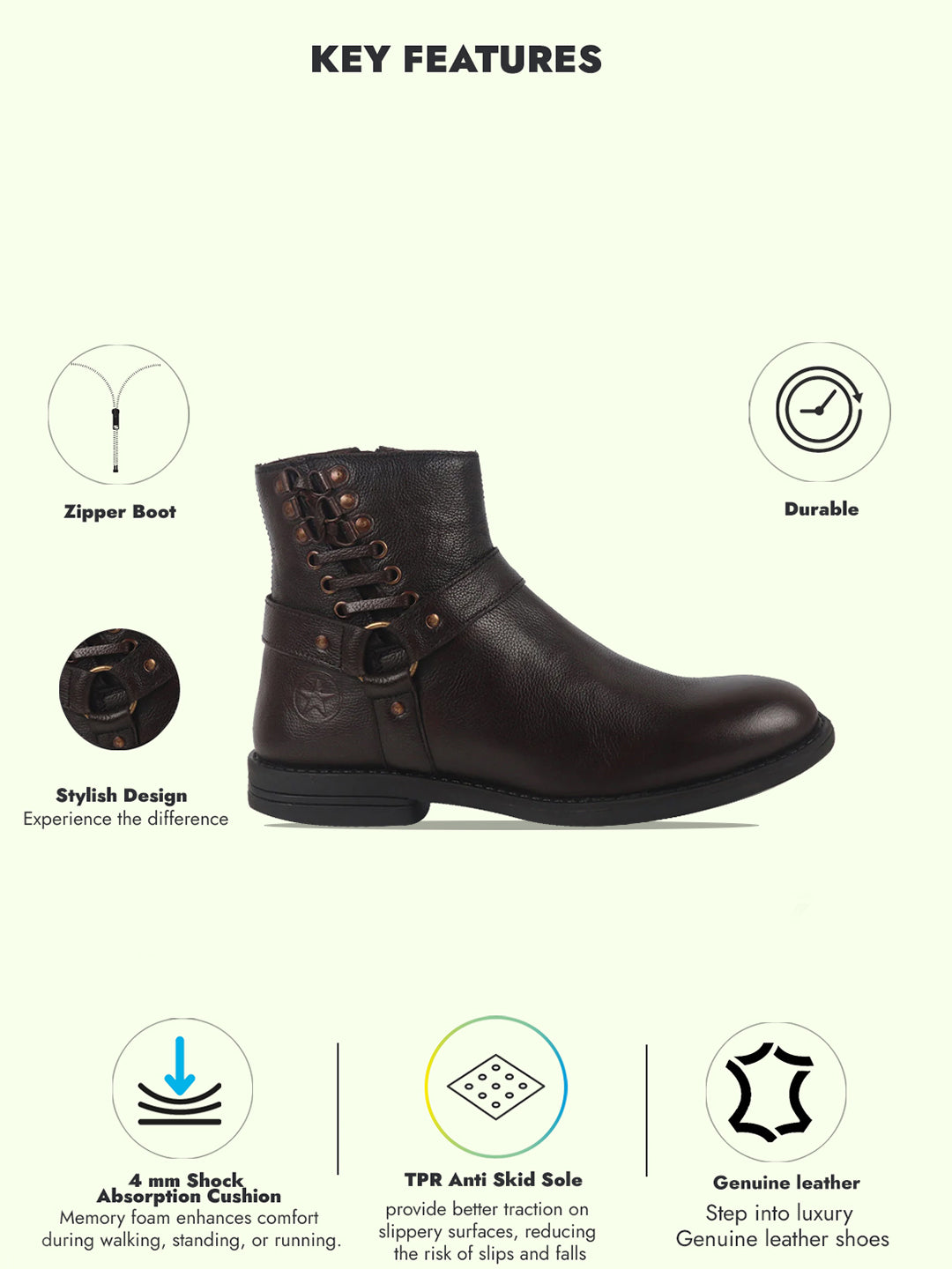 men brown high ankle genuine leather 3-eye side lace strap chelsea boots