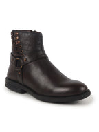 Men Brown High Ankle Genuine Leather 3-Eye Side Lace Strap Chelsea Boots