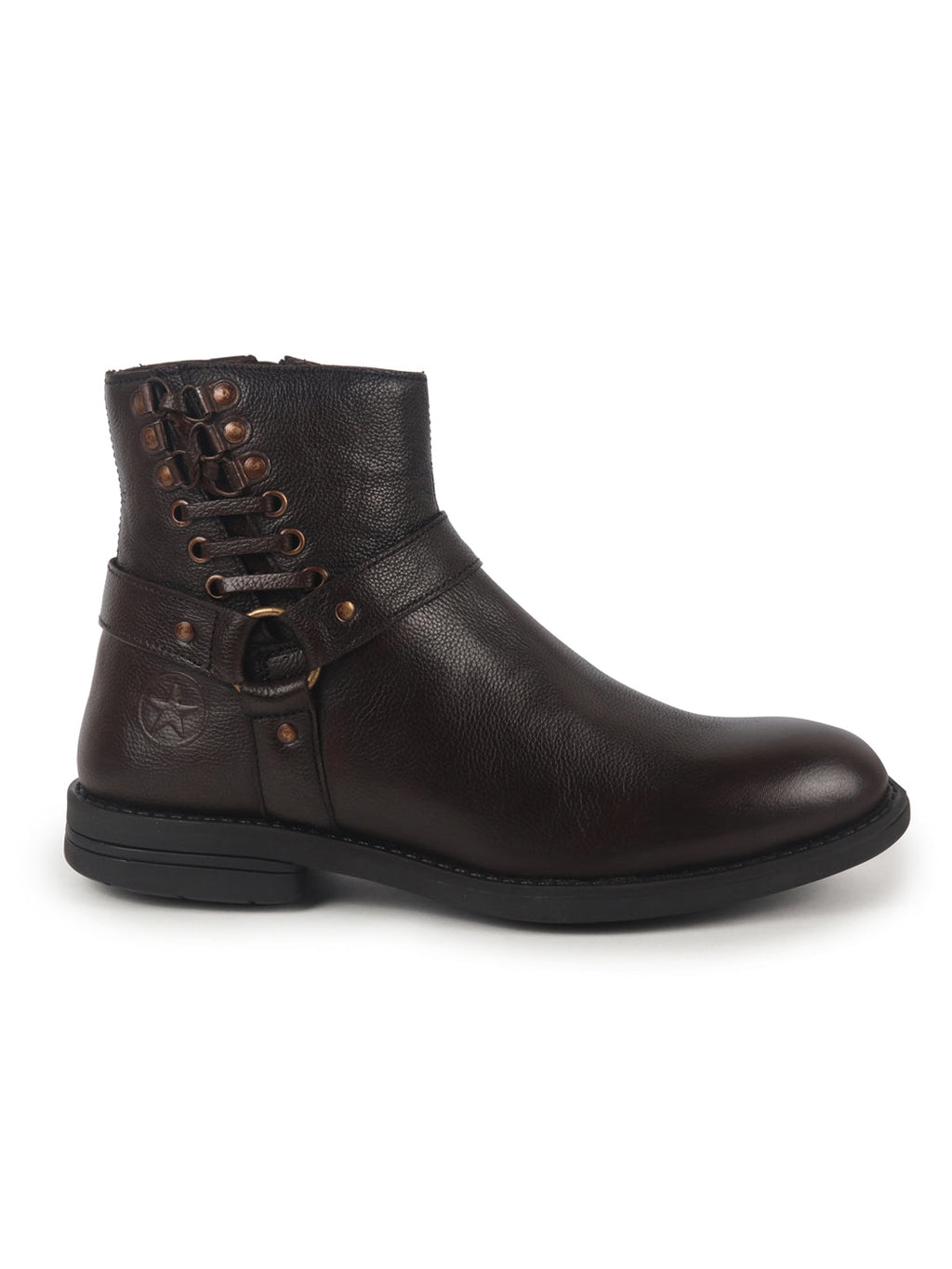 Men Brown High Ankle Genuine Leather 3-Eye Side Lace Strap Chelsea Boots