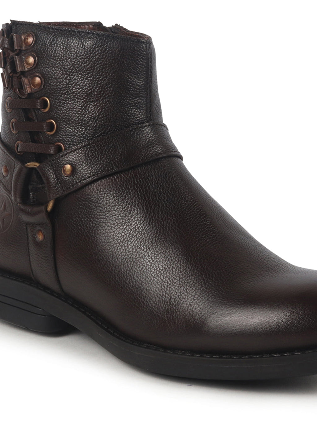 Men Brown High Ankle Genuine Leather 3-Eye Side Lace Strap Chelsea Boots