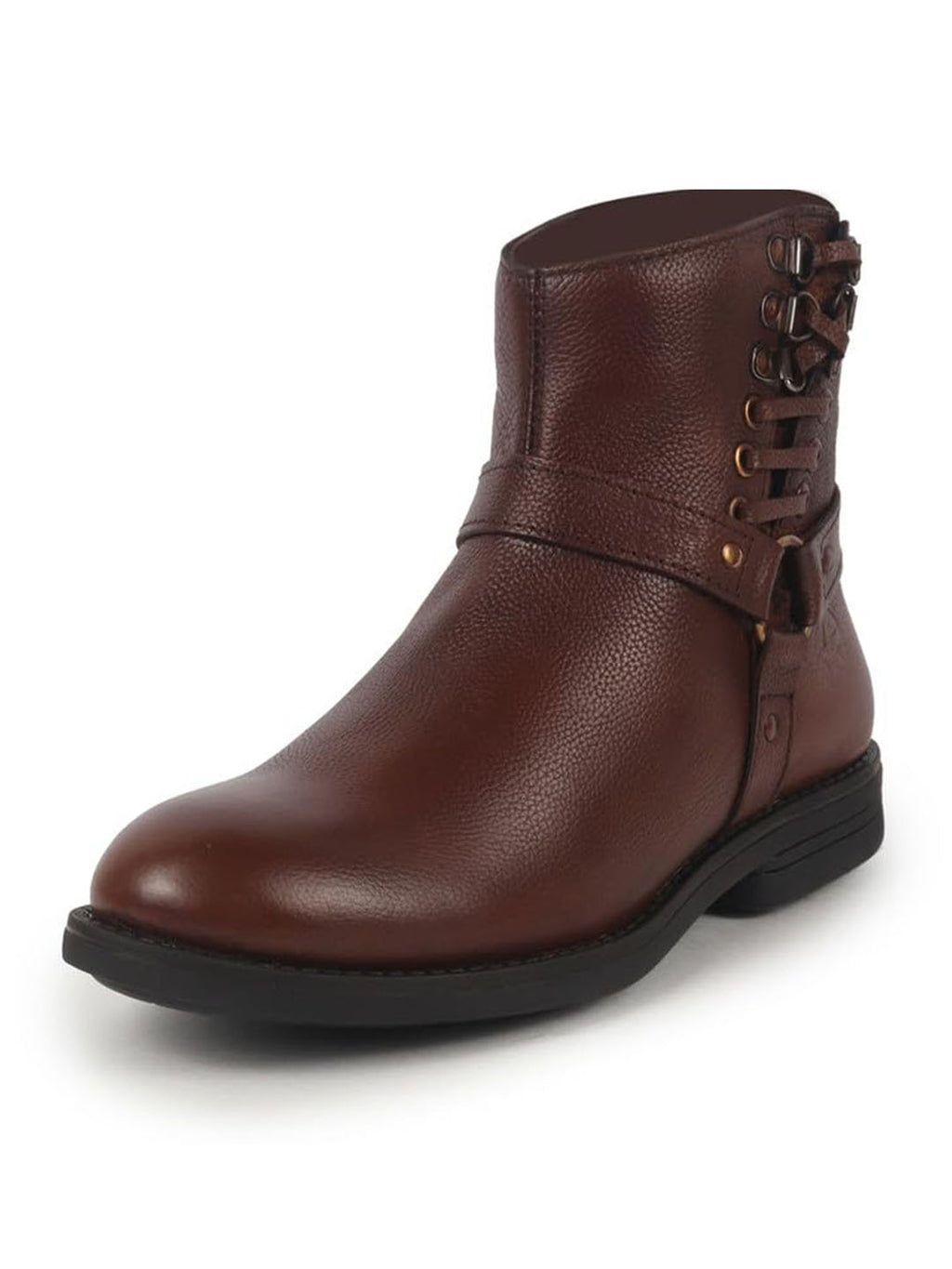 men tan high ankle genuine leather 3-eye side lace strap chelsea boots